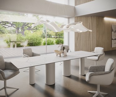 DELIFE Eetkamertafel Edge 300x100 keramiek Laminam®Statuarietto wit Pilier metaal wit