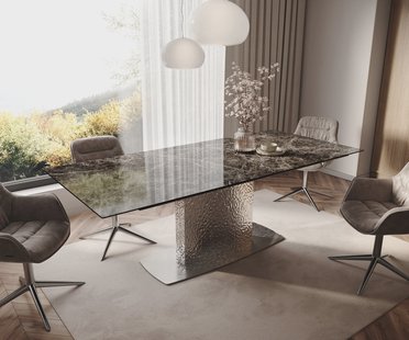 DELIFE Eetkamertafel Edge 180-220x100 Laminam® Emperador Extra Lucidato donkerbruin Wave roestvrij staal uittrekbaar