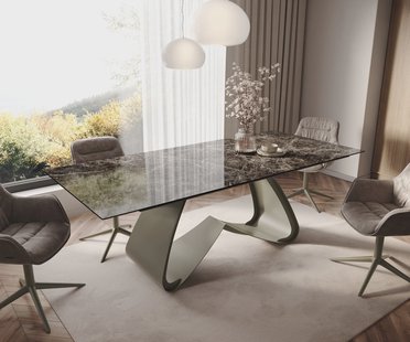 DELIFE Eetkamertafel Edge 180-220x100 Laminam® Emperador Extra Lucidato donkerbruin W-frame effectafwerking titaan uittrekbaar