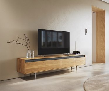 DELIFE Design-tv-meubel Stonegrace 200 cm eiken natuur leisteen 4 laden onderstel ovaal rvs