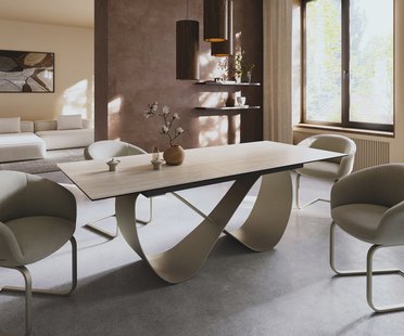 DELIFE Eettafel Edge 180-220x90 keramiek  Laminam® Travertino Bianco Creme-wit Infinity metaal effectafwerking Titan uitrekbaar