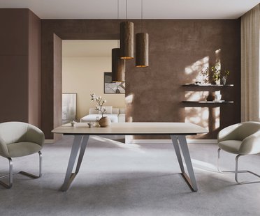 DELIFE Eettafel Edge Boot 200x100 keramiek  Laminam® Travertino Bianco Creme-wit RVS Schräg