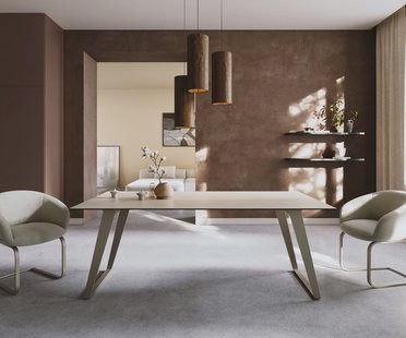 DELIFE Eettafel Edge 200x100 keramiek  Laminam® Travertino Bianco Creme-wit metaal schuin effectafwerking Titan