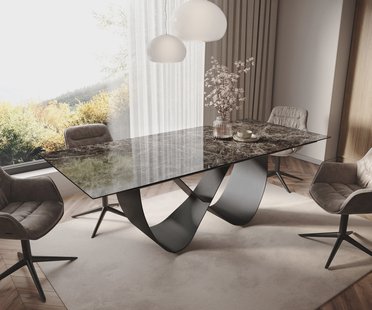 DELIFE Eettafel Edge 180-220x90 keramiek  Laminam® Emperador Extra Lucidato donkerbruin Infinity metaal zwart uitrekbaar