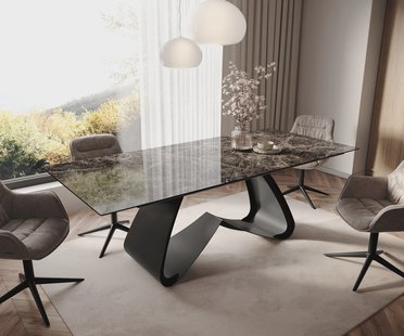 DELIFE Eettafel Edge 180-220x90 keramiek  Laminam® Emperador Extra Lucidato donkerbruin W-frame zwart uitrekbaar