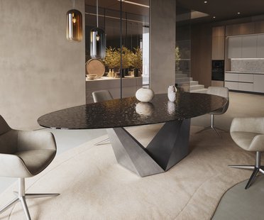 DELIFE Eettafel Edge Oval 280x130 Reliefglas rookzwart 3D-Design Prisma metaal zilver