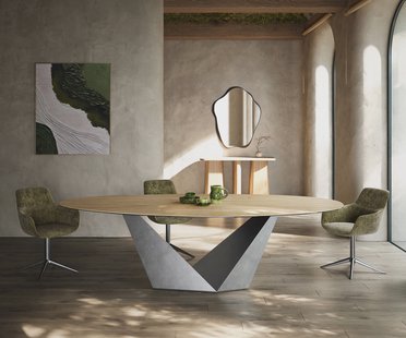 DELIFE Eettafel Edge Oval 280x130 keramiek  Laminam® Sabbia Eichefarbig Prisma metaal zilver