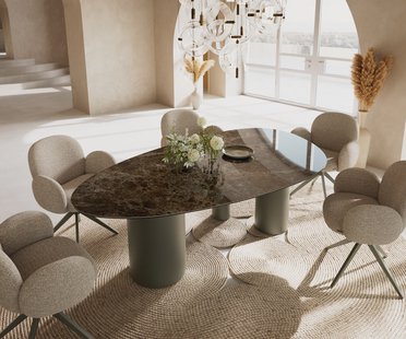 DELIFE Eettafel Edge Oval 220x120 keramiek  Laminam® Emperador Extra Lucidato donkerbruin Troa metaal effectafwerking Titan