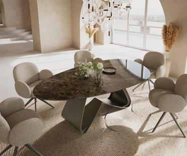 DELIFE Eettafel Edge Oval 220x120 keramiek  Laminam® Emperador Extra Lucidato donkerbruin W-frame metaal effectafwerking Titan