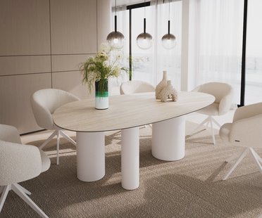 DELIFE Eettafel Edge Oval 220x120 keramiek  Laminam® Travertino Bianco Creme-wit Troa metaal wit