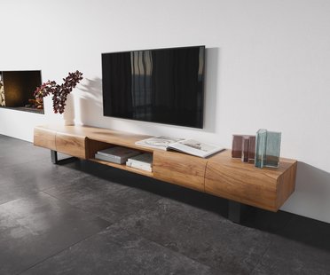 DELIFE TV-meubel New Live-Edge 240 cm acacia natuur 4 deuren 1 metalen glijpoot zwart