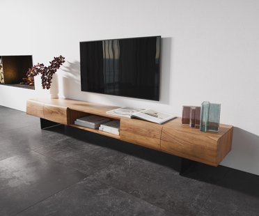 DELIFE TV-meubel New Live-Edge 240 cm acacia natuur 4 deuren 1 vak zwevende poot metaal zwart