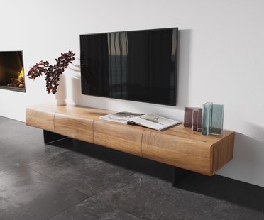 DELIFE TV-meubel New Live-Edge 200 cm acacia naturel 4 deuren zwevende poot metaal zwart
