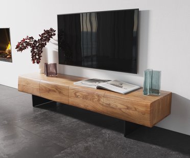 DELIFE TV-meubel New Live-Edge 175 cm acacia natuu 4 deuren poot zwevend metaal zwart