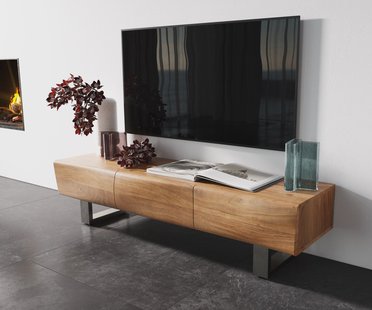 DELIFE TV-meubel New Live-Edge 145 cm acacia natuur 3 deuren sledepoten roestvrij staal geborsteld