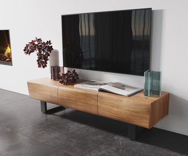 DELIFE TV-meubel New Live-Edge 145 cm acacia natuur 3 deuren met metalen sledepoten zwart