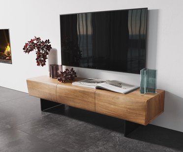 DELIFE TV-meubel New Live-Edge 145 cm acacia natuur 3 deuren zwevende poot metaal zwart