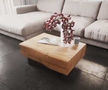 DELIFE Salontafel New Live-Edge 80x60 cm acacia natuur 2 lades zwevende poot metaal zwart