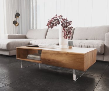 DELIFE Salontafel New Live-Edge 115x60 cm acacia natuur 2 schuiflade 1 vak acrylpootjes