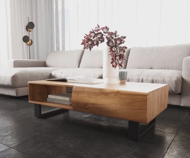 DELIFE Salontafel New Live-Edge 115x60 cm acacia natuur 2 lades 1 vak metalen sledepoten zwart