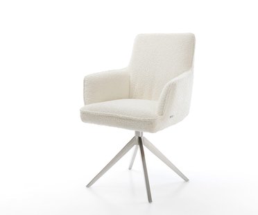 DELIFE Draaistoel Heira-Flex met armleuning bouclé wit kruisframe breed roestvrij staal 360° draaibaar rocker-functie pocketveer kern