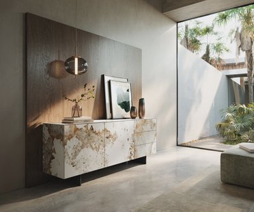 DELIFE Dressoir Cuor 180 cm Keramiek Minas Melange Wit-beige 2 Deuren 3 Laden Zwevende voet look Metaal Zwart