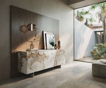 DELIFE Dressoir Cuor 180 cm Keramiek Minas Melange Wit-beige 2 Deuren 3 Laden Zwevende voet look Roestvrij staal