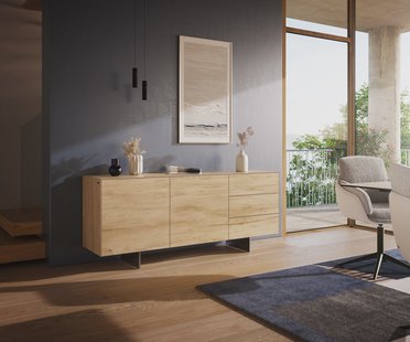 DELIFE Dressoir Cuor 180 cm Keramiek Laminam® Sabbia Eiken gekleurd 2 Deuren 3 Laden Zwevende voet look Roestvrij staal