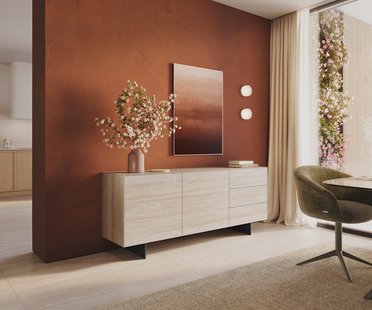 DELIFE Dressoir Cuor 180 cm Keramiek Laminam® Travertino Bianco Crème-wit 2 Deuren 3 Laden Zwevende voet look Metaal Zwart