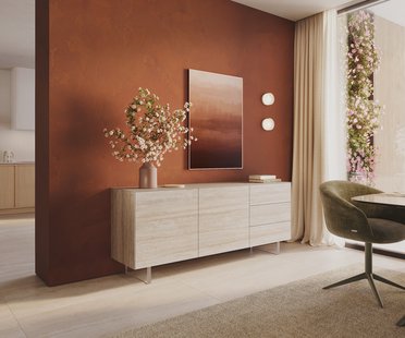 DELIFE Dressoir Cuor 180 cm Keramiek Laminam® Travertino Bianco Crème-wit 2 Deuren 3 Laden Zwevende voet look Acrylglas