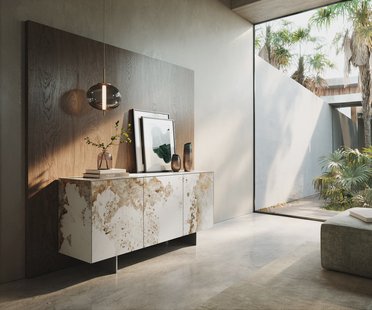 DELIFE Dressoir Cuor 150 cm Keramiek Minas Melange Wit-beige 3 Deuren Zwevende voet look Roestvrij staal