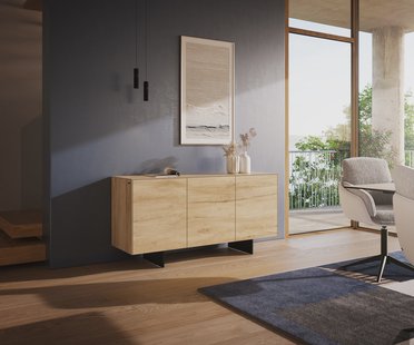 DELIFE Dressoir Cuor 150 cm Keramiek Laminam® Sabbia Eiken gekleurd 3 Deuren Zwevende voet look Metaal Zwart