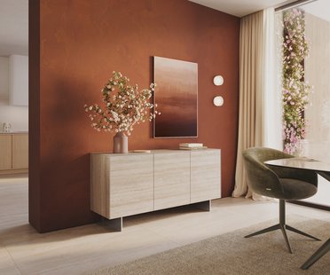 DELIFE Dressoir Cuor 150 cm Keramiek Laminam® Travertino Bianco Crème-wit 3 Deuren Zwevende voet look Roestvrij staal