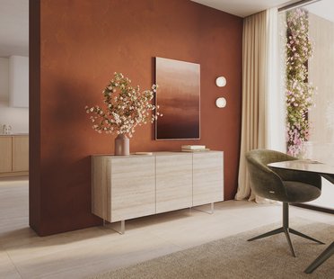 DELIFE Dressoir Cuor 150 cm Keramiek Laminam® Travertino Bianco Crème-wit 3 Deuren Zwevende voet look Acrylglas