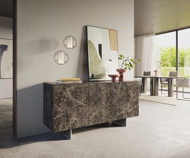 DELIFE Dressoir Cuor 150 cm Keramiek Emperador Extra Lucidato Donkerbruin 3 Deuren Zwevende voet look Roestvrij staal