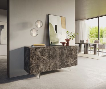 DELIFE Dressoir Cuor 150 cm Keramiek Emperador Extra Lucidato Donkerbruin 3 Deuren Zwevende voet look Acrylglas