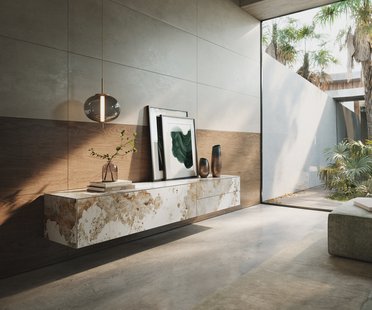 DELIFE Tv-meubel Cuor 220 cm Keramiek Minas Melange Wit-beige 1 Flap 2 Laden Zwevend