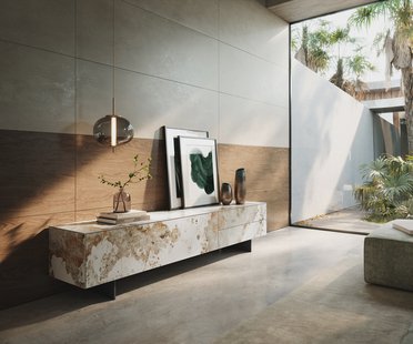 DELIFE Tv-meubel Cuor 220 cm Keramiek Minas Melange Wit-beige 1 Flap 2 Laden Zwevende voet look Metaal Zwart