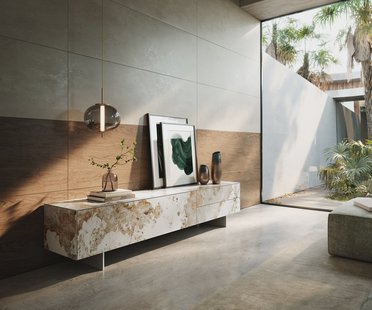 DELIFE Tv-meubel Cuor 220 cm Keramiek Minas Melange Wit-beige 1 Flap 2 Laden Zwevende voet look Roestvrij staal