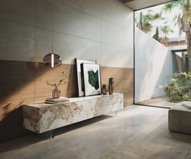 DELIFE Tv-meubel Cuor 220 cm Keramiek Minas Melange Wit-beige 1 Flap 2 Laden Zwevende voet look Acrylglas