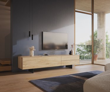 DELIFE Tv-meubel Cuor 220 cm Keramiek Laminam® Sabbia Eiken gekleurd 1 Flap 2 Laden Zwevende voet look Metaal Zwart