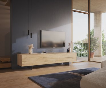DELIFE Tv-meubel Cuor 220 cm Keramiek Laminam® Sabbia Eiken gekleurd 1 Flap 2 Laden Zwevende voet look Roestvrij staal