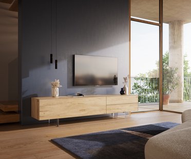 DELIFE Tv-meubel Cuor 220 cm Keramiek Laminam® Sabbia Eiken gekleurd 1 Flap 2 Laden Zwevende voet look Acrylglas