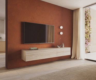 DELIFE Tv-meubel Cuor 220 cm Keramiek Laminam® Travertino Bianco Crème-wit 1 Flap 2 Laden Zwevend