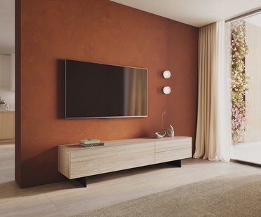 DELIFE Tv-meubel Cuor 220 cm Keramiek Laminam® Travertino Bianco Crème-wit 1 Flap 2 Laden Zwevende voet look Metaal Zwart