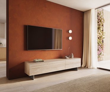 DELIFE Tv-meubel Cuor 220 cm Keramiek Laminam® Travertino Bianco Crème-wit 1 Flap 2 Laden Zwevende voet look Roestvrij staal