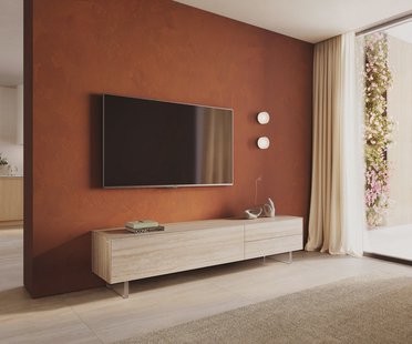 DELIFE Tv-meubel Cuor 220 cm Keramiek Laminam® Travertino Bianco Crème-wit 1 Flap 2 Laden Zwevende voet look Acrylglas