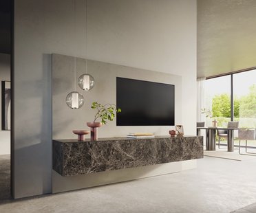 DELIFE Tv-meubel Cuor 220 cm Keramiek Emperador Extra Lucidato Donkerbruin 1 Flap 2 Laden Zwevend