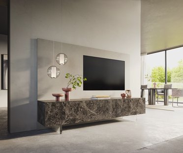 DELIFE Tv-meubel Cuor 220 cm Keramiek Emperador Extra Lucidato Donkerbruin 1 Flap 2 Laden Zwevende voet look Acrylglas