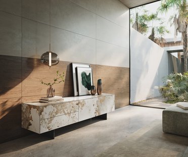 DELIFE Tv-meubel Cuor 180 cm Keramiek Minas Melange Wit-beige 1 Flap 2 Laden Zwevende voet look Metaal Zwart